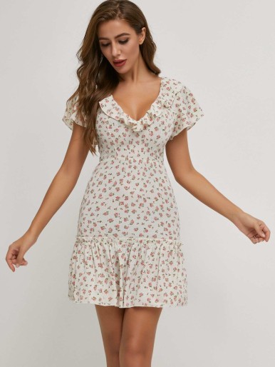 SBetro Lace Up Knot Cut-out Back Ruffle Hem Ditsy Floral Dress