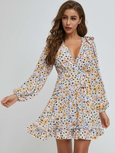 SBetro Lantern Sleeve Layered Hem Belted Floral Dress