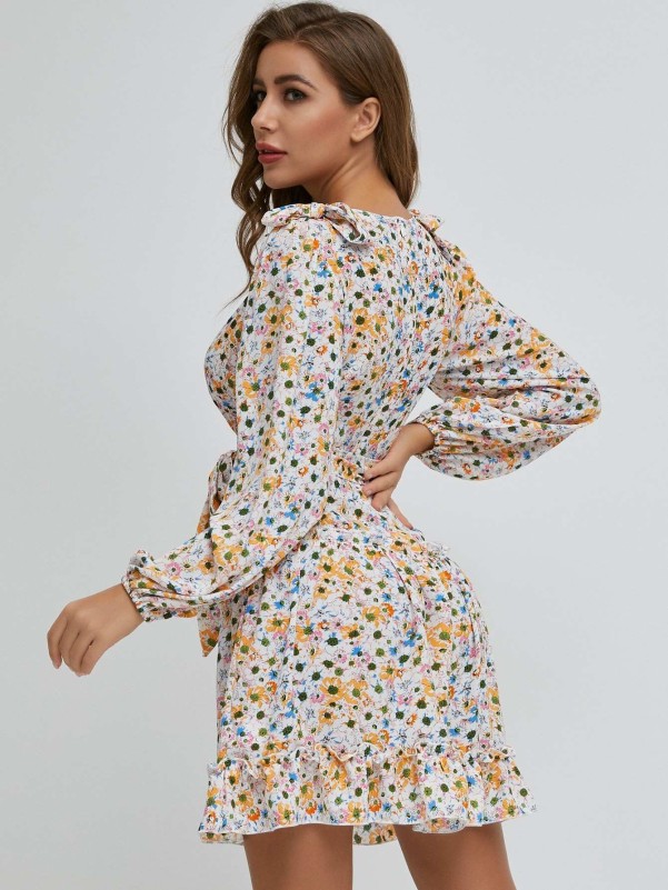 SBetro Lantern Sleeve Layered Hem Belted Floral Dress