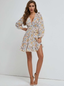 SBetro Lantern Sleeve Layered Hem Belted Floral Dress