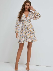 SBetro Lantern Sleeve Layered Hem Belted Floral Dress