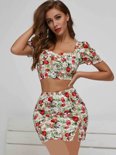 SBetro Shirred Floral Milkmaid Top & Split Skirt Set