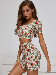 SBetro Shirred Floral Milkmaid Top & Split Skirt Set