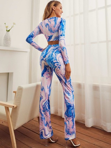 SBetro Twist Front Marble Crop Top & Pants Set