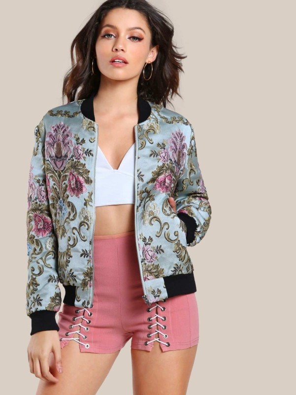 Ribbed Trim Floral Jacquard Bomber Jacket