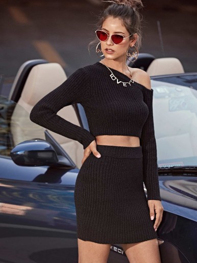 SHEIN Asymmetrical Neck Rib-knit Sweater and Bodycon Skirt Set