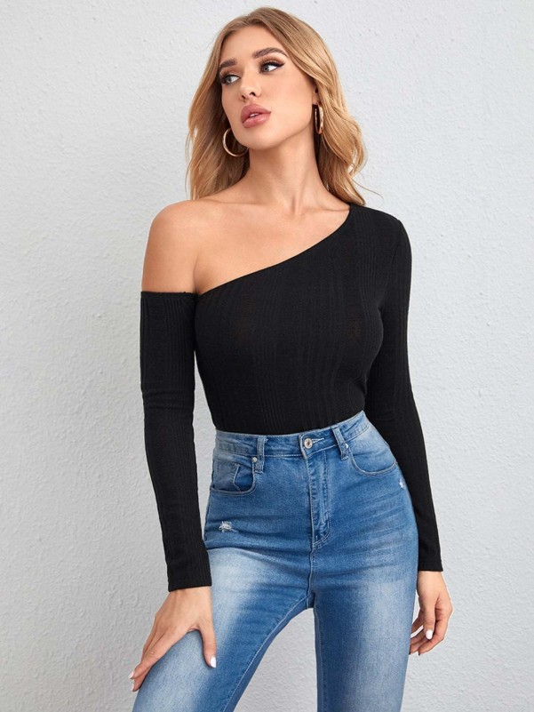 SHEIN Asymmetrical Neck Rib-knit Tee