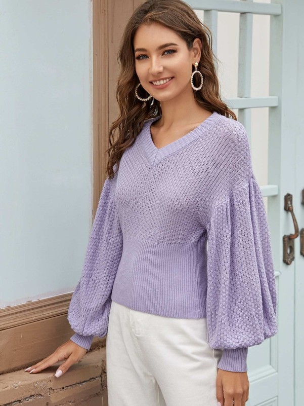 SHEIN Balloon Sleeve Pointelle Knit Sweater