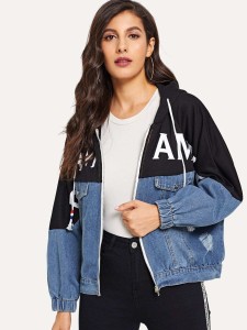 Letter Print Colorblock Denim Hooded Jacket