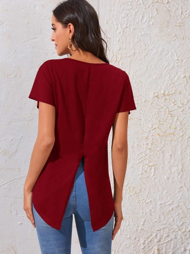 SHEIN Batwing Sleeve Split Back High Low Tee