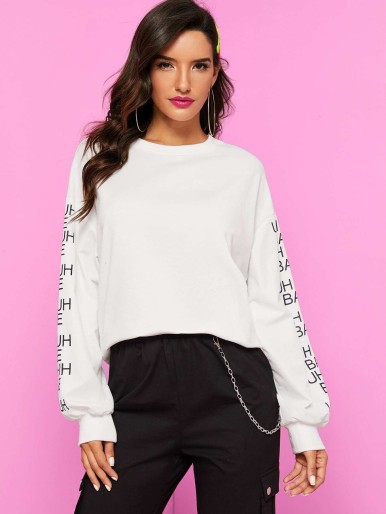 SHEIN Drop Shoulder Slogan Print Sleeve Pullover