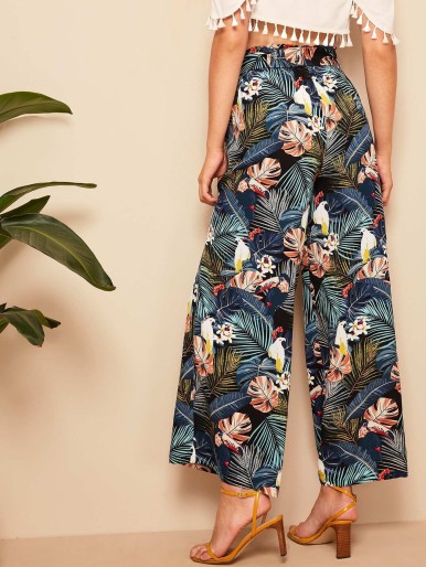 SHEIN Belted Frilled Waist Tropical Print Palazzo Pants