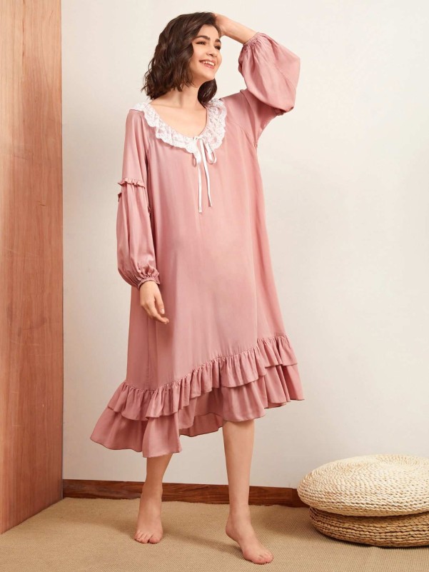 SHEIN Bishop Sleeve Lace Trim Ruffle Hem Nightdress