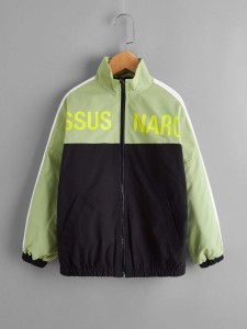 SHEIN Boys Contrast Side Seam Letter Graphic Colorblock Jacket