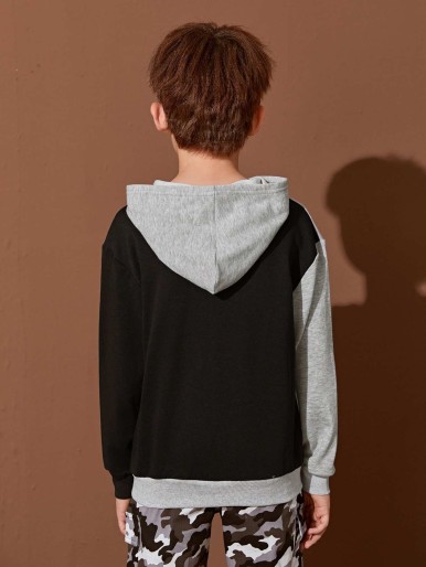 SHEIN Boys Letter Tape Front Two Tone Hoodie