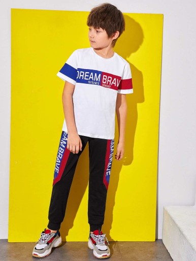 SHEIN Boys Slogan Graphic Colorblock Top & Sweatpants Set