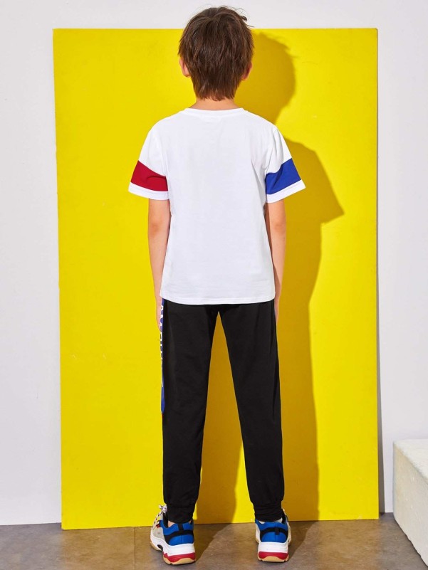 SHEIN Boys Slogan Graphic Colorblock Top & Sweatpants Set