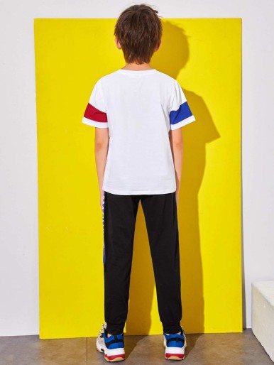 SHEIN Boys Slogan Graphic Colorblock Top & Sweatpants Set