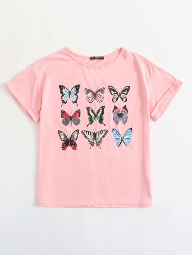 SHEIN Butterfly Print Cuffed Top