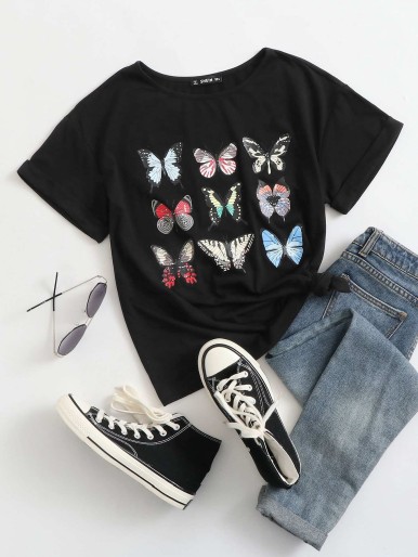 SHEIN Butterfly Print Cuffed Top