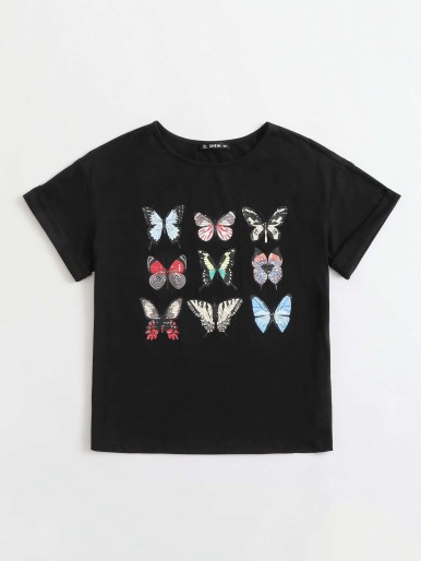 SHEIN Butterfly Print Cuffed Top