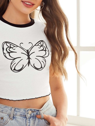 SHEIN Butterfly Print Lettuce Trim Tee