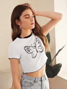 SHEIN Butterfly Print Lettuce Trim Tee