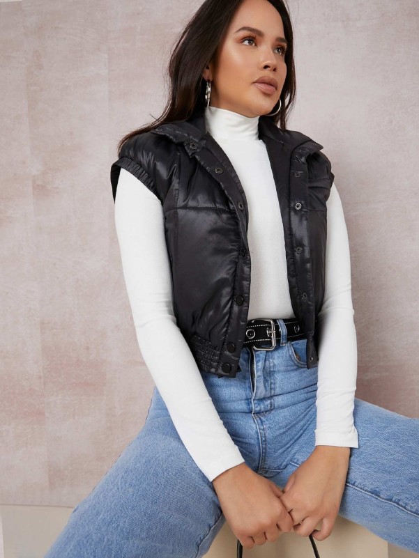 SHEIN Button Front Crop Vest Puff Jacket