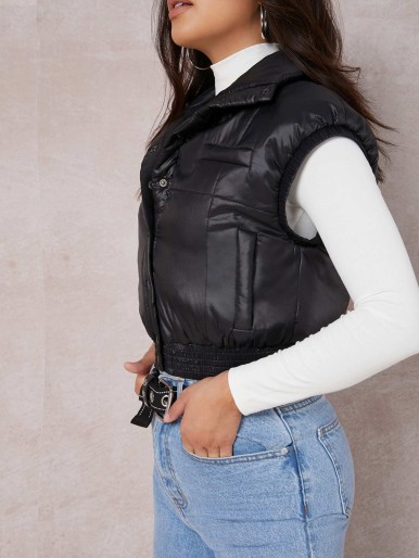 SHEIN Button Front Crop Vest Puff Jacket