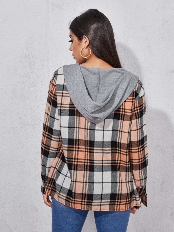 SHEIN Buttoned Front Contrast Hooded Plaid Coat