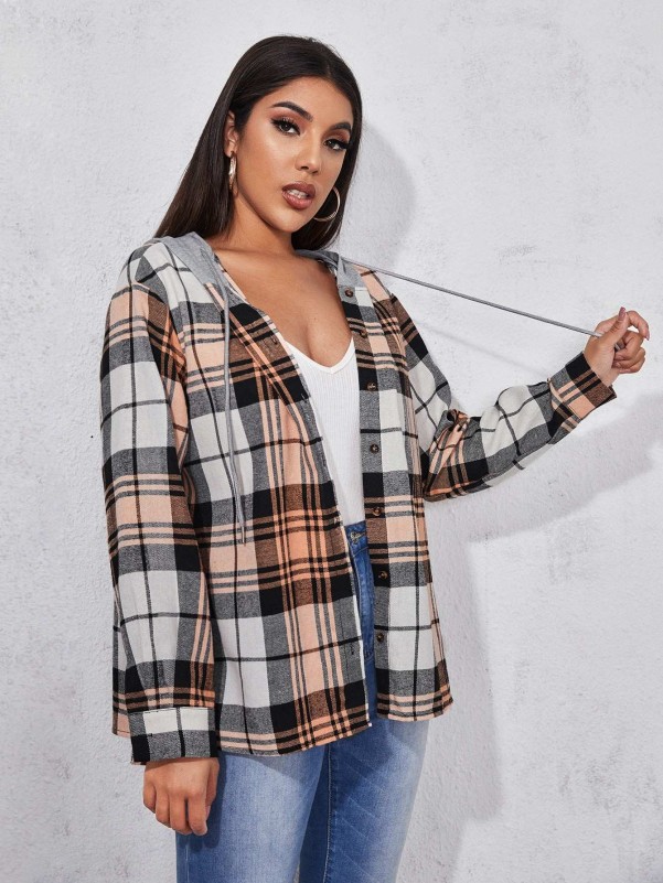 SHEIN Buttoned Front Contrast Hooded Plaid Coat