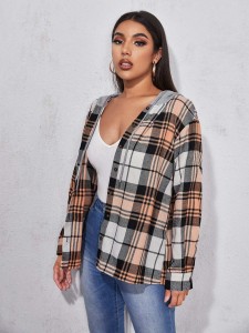 SHEIN Buttoned Front Contrast Hooded Plaid Coat