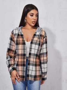 SHEIN Buttoned Front Contrast Hooded Plaid Coat