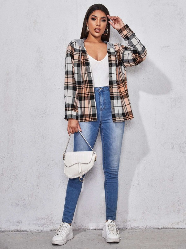 SHEIN Buttoned Front Contrast Hooded Plaid Coat