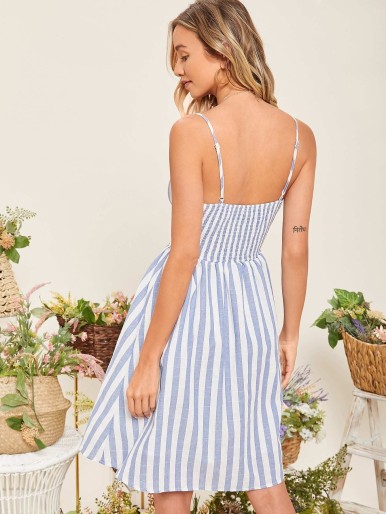 SHEIN Buttoned Front Shirred Back Patch Pocket Striped Slip Dress