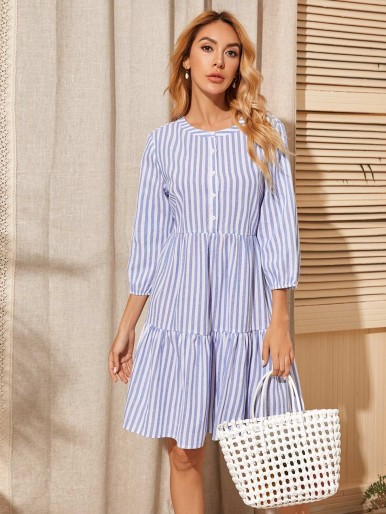 SHEIN Buttoned Front Striped Flounce Dress