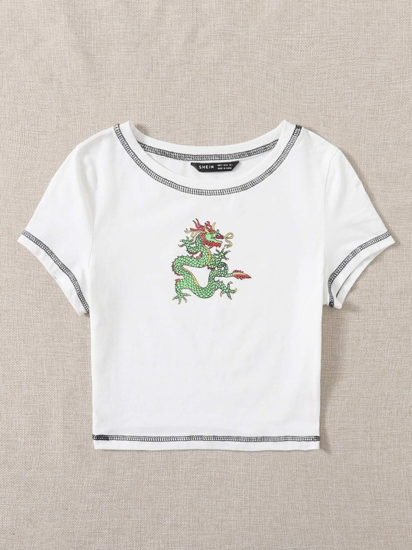 SHEIN Chinese Dragon Print Crop Tee