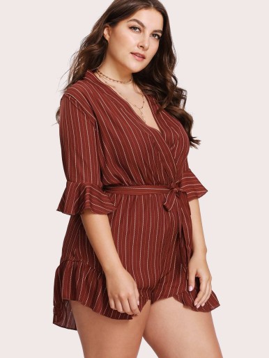 Plus Ruffle Trim Pinstripe Wrap Romper