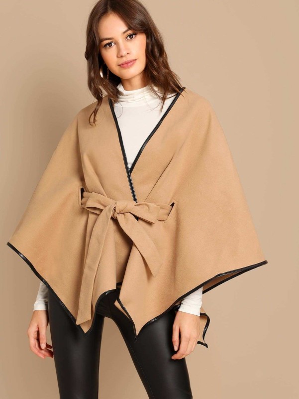 SHEIN Contrast Binding Belted Poncho Coat