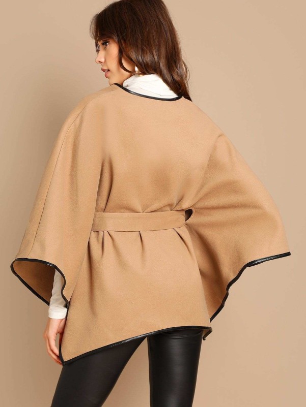 SHEIN Contrast Binding Belted Poncho Coat