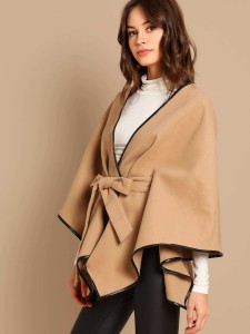 SHEIN Contrast Binding Belted Poncho Coat