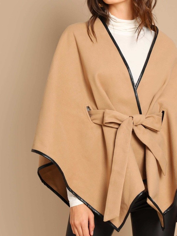 SHEIN Contrast Binding Belted Poncho Coat