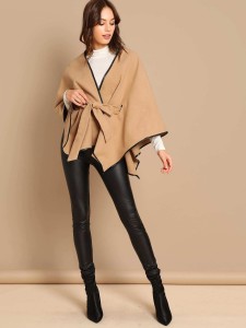 SHEIN Contrast Binding Belted Poncho Coat