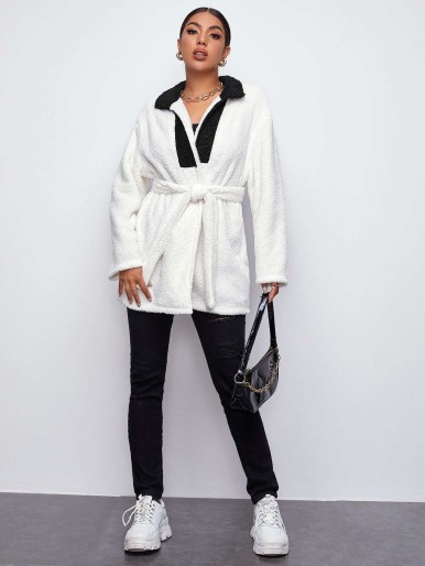 SHEIN Contrast Collar Belted Teddy Coat