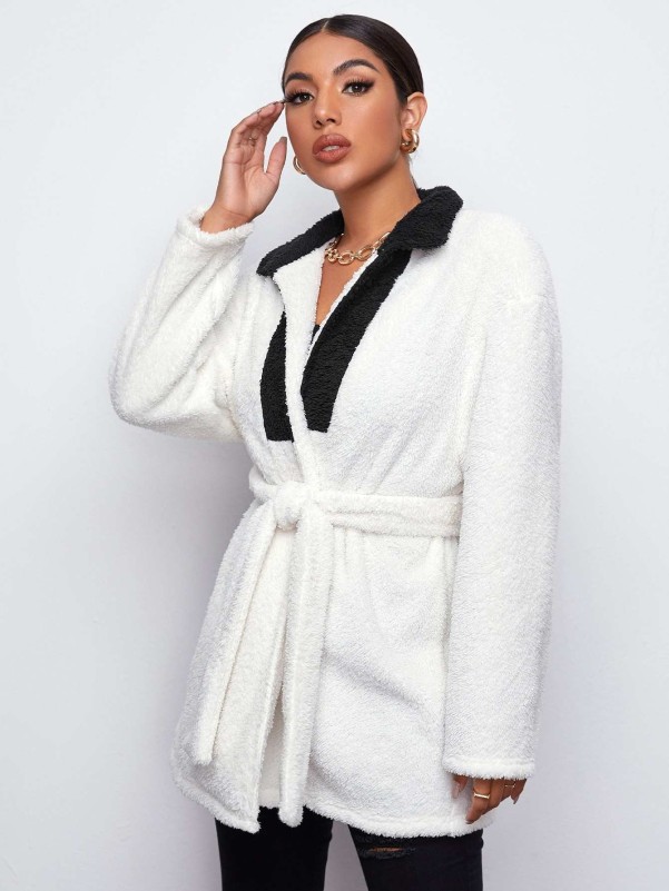 SHEIN Contrast Collar Belted Teddy Coat