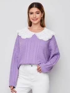 SHEIN Contrast Eyelet Embroidered Collar Mixed Knit Sweater