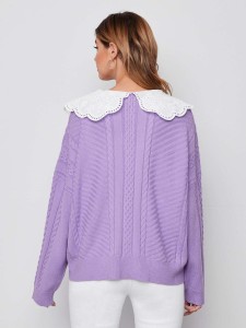 SHEIN Contrast Eyelet Embroidered Collar Mixed Knit Sweater