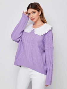 SHEIN Contrast Eyelet Embroidered Collar Mixed Knit Sweater