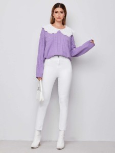 SHEIN Contrast Eyelet Embroidered Collar Mixed Knit Sweater