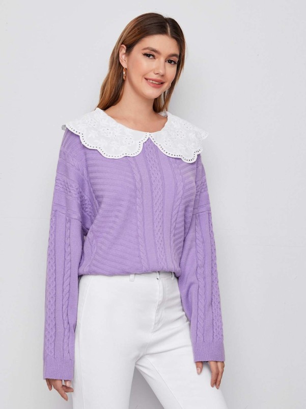 SHEIN Contrast Eyelet Embroidered Collar Mixed Knit Sweater